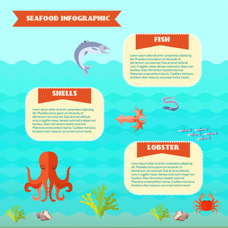 Sea food infographics set with fish and lobster on underwater background vector illustrationのイラスト素材