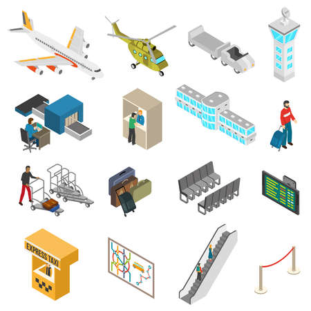 Isometric icons set of different airport elements from airplane and terminal to passenger and taxi isolated vector illustrationのイラスト素材