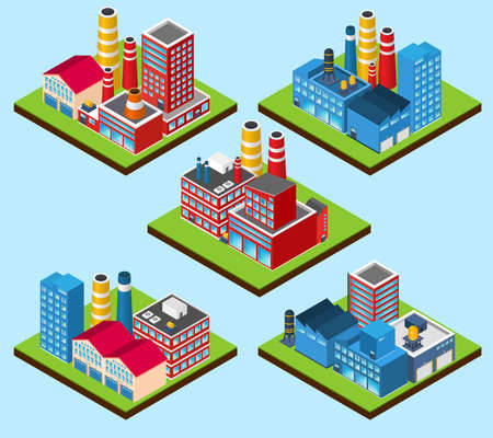 Industrial buildings nuclear power station 3d isometric set isolated vector illustrationのイラスト素材