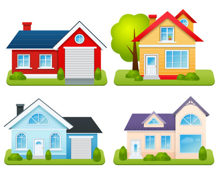 Private houses family town apartments village cottages emblems set isolated vector illustrationのイラスト素材