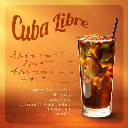 Cuba libre cocktail recipe with drink in glass with drinking straw on brown background vector illustrationのイラスト素材