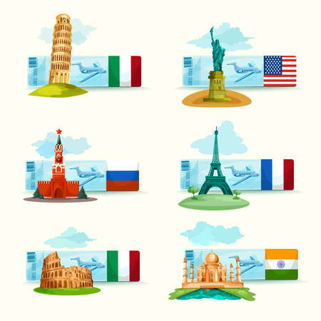 World landmarks airplane tickets set with famous tourism attractions isolated vector illustrationのイラスト素材