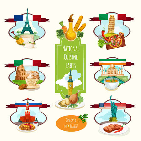National cuisine paper labels set with travel landmarks and food isolated vector illustrationのイラスト素材