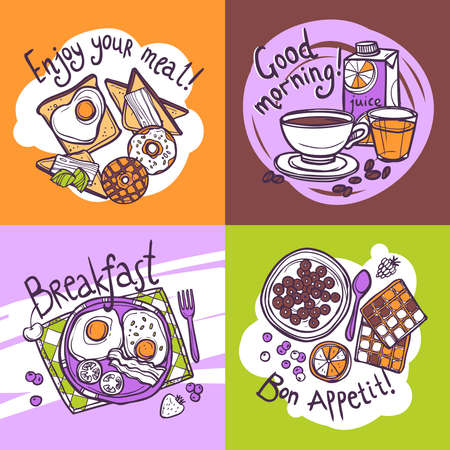 Breakfast design concept set with food and drink hand drawn icons isolated vector illustrationのイラスト素材