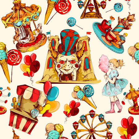 Amusement park hand drawn seamless pattern with family attractions and sweets vector illustrationのイラスト素材