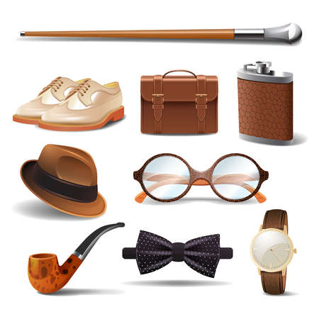 Gentleman realistic accessories decorative icons set with cane shoes smoking pipe isolated vector illustrationのイラスト素材