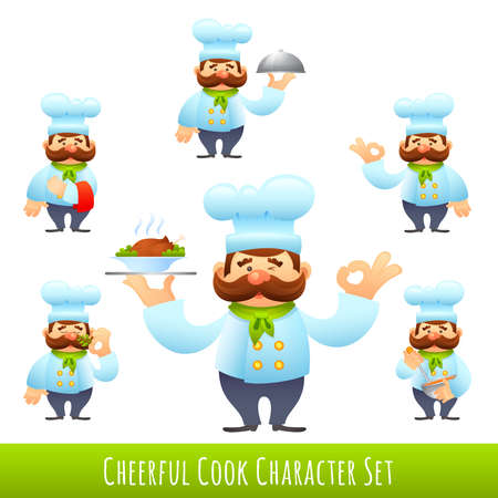 Male cook in uniform restaurant professional cartoon characters set isolated vector illustrationのイラスト素材
