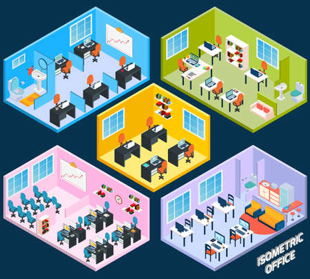 Isometric office interior with working conference and meeting room elements isolated vector illustrationのイラスト素材