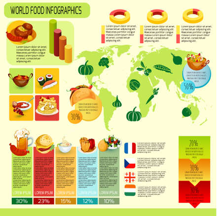 International cuisine infographics with world map food symbols and charts vector illustrationのイラスト素材
