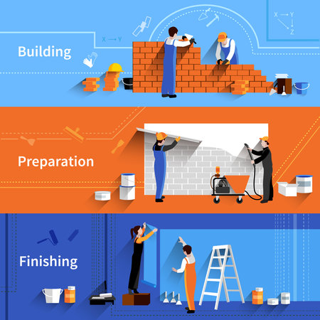 Worker horizontal banner set with building preparation and finishing work elements isolated vector illustrationのイラスト素材