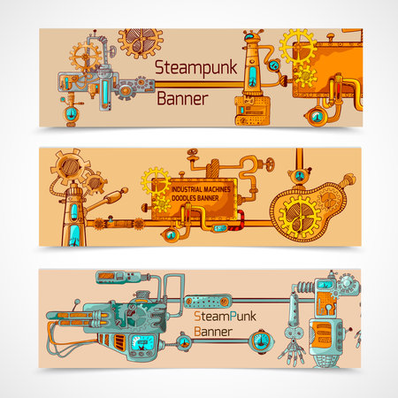 Steampunk horizontal banner set with engineer robotic machinery elements isolated vector illustrationのイラスト素材