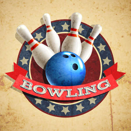 Bowling sport emblem with ball and pins on textured background vector illustrationのイラスト素材