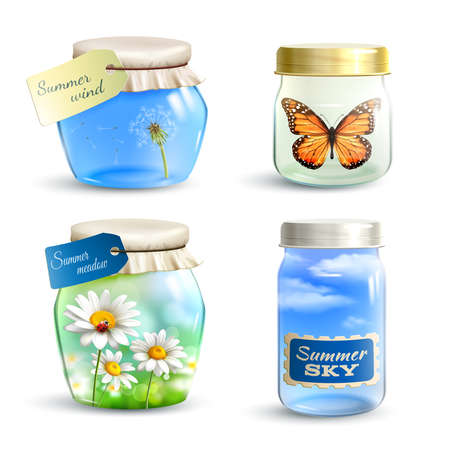 Realistic glass jar set with summer flowers sky and butterfly inside isolated vector illustrationのイラスト素材