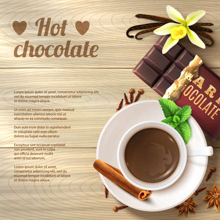 Hot chocolate drink in cup with spices on wooden background vector illustrationのイラスト素材