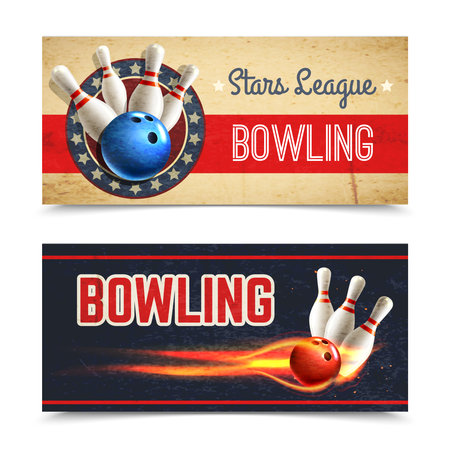Bowling horizontal banner set with game pins and ball in fire isolated vector illustrationのイラスト素材