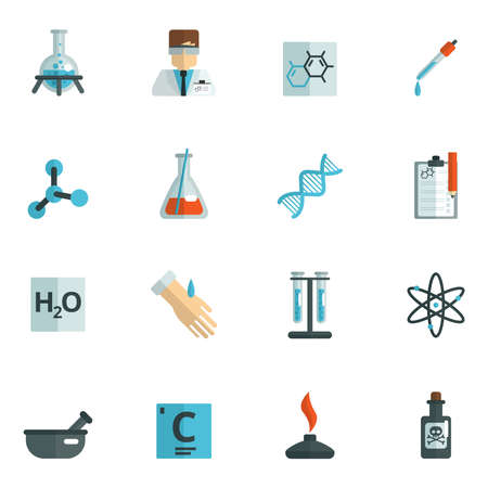 Chemistry science and research icons flat set isolated vector illustrationのイラスト素材