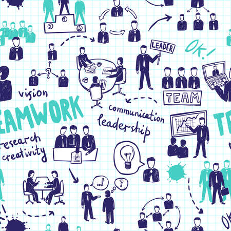 Teamwork hand drawn seamless pattern with business people and resources vector illustrationのイラスト素材
