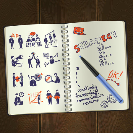 Sketch meeting icons in notepad on wooden table background vector illustrationのイラスト素材