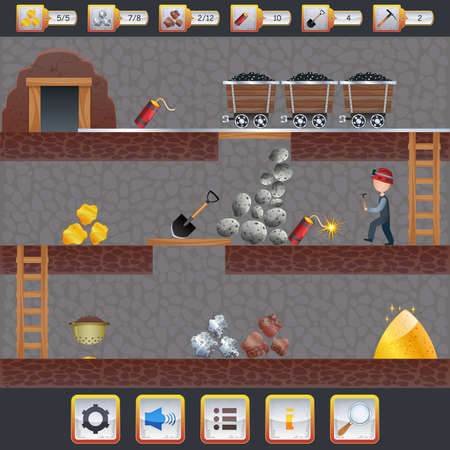 Mining game treasure hunt interface with assets signs and miner vector illustrationのイラスト素材