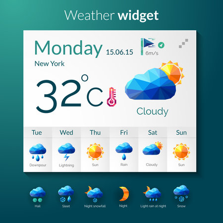 Weather forecast widget with polygonal mobile application elements vector illustrationのイラスト素材