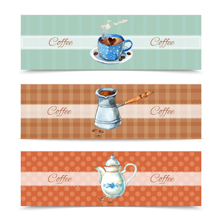 Coffee horizontal banners set with watercolor cup and pot isolated vector illustrationのイラスト素材