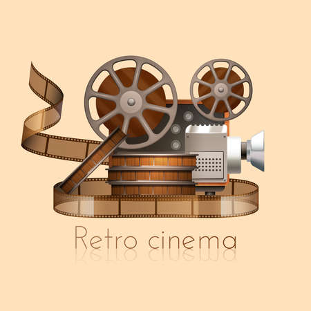 Retro cinema concept with realistic vintage camera projector and film reel vector illustrationのイラスト素材