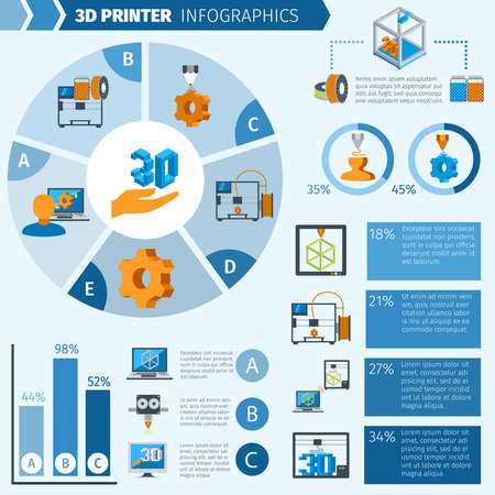 Printer with 3d technologies production infographic elements and charts vector illustrationのイラスト素材
