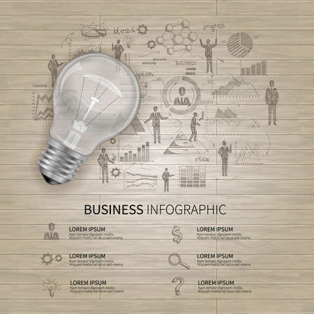 Business infographics set with sketch people charts and realistic lightbulb vector illustrationのイラスト素材