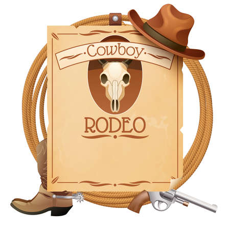 Rodeo retro wild west poster with cowboy hat boots and gun vector illustrationのイラスト素材