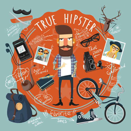Hipster concept in seal form icon with girlfriend photo and favorite footwear print abstract flat vector illustrationのイラスト素材