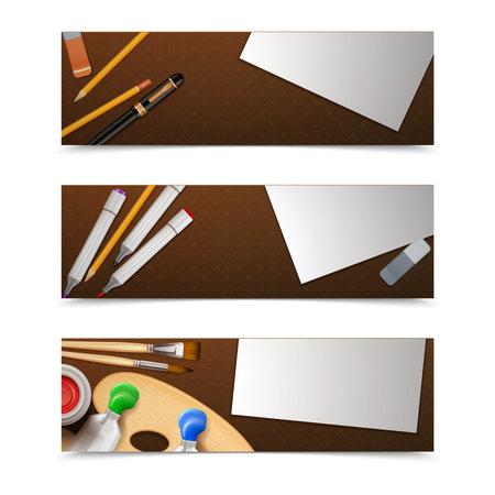 Drawing banners horizontal set with painter tools and paper sheets isolated vector illustrationのイラスト素材