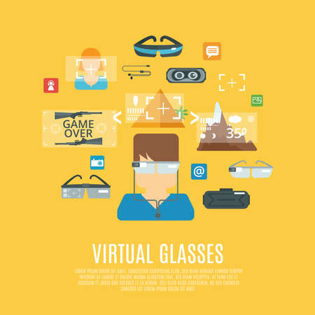 Virtual glasses concept with cyberspace electronic equipment flat icons set vector illustrationのイラスト素材