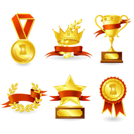 Golden trophy and prize emblem set of shield star medal and wreath isolated vector illustration.のイラスト素材