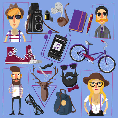Casually and formally dressed hipster people in hats and fake mustache with accessories poster abstract vector illustrationのイラスト素材