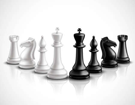 Realistic chess game pieces 3d icons set with reflection vector illustrationのイラスト素材