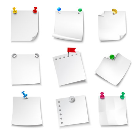 Blank note papers pinned with pushpins realistic set isolated vector illustrationのイラスト素材