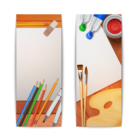 Drawing banners vertical set with painter tools and paper on wooden background isolated vector illustrationのイラスト素材