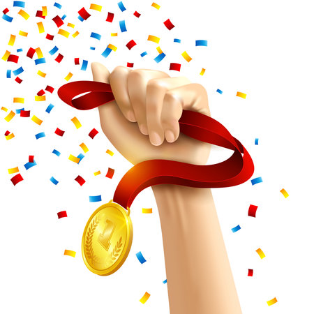Hand holding a winners medal in multi colored confetti concept vector illustrationのイラスト素材