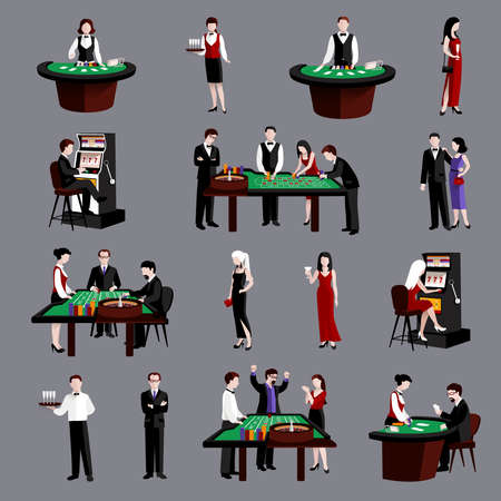 Young attractive people in casino gambling flat icons set isolated vector illustrationのイラスト素材
