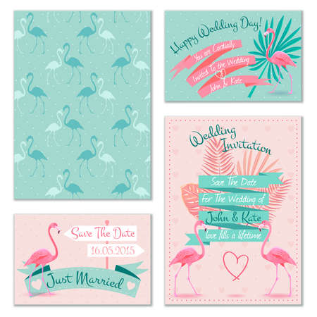 Romantic flamingo birds on mint background wedding invitation cards set with heart symbol abstract isolated vector illustrationのイラスト素材