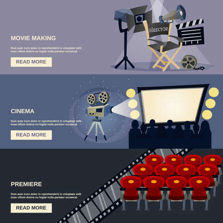 Cinema horizontal banner set with movie making premiere flat elements isolated vector illustrationのイラスト素材