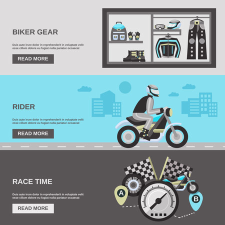 Rider horizontal banner set with biker gear race time flat elements isolated vector illustrationのイラスト素材