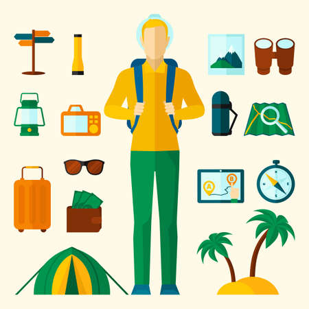 Tourist icons flat set with tent sunglasses compass palm isolated vector illustrationのイラスト素材