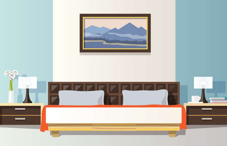 Bedroom interior with flat bed and picture frame vector illustrationのイラスト素材