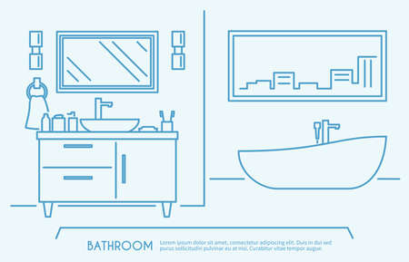 Bathroom furniture outline poster with luxury bath bowl and shelves vector illustrationのイラスト素材
