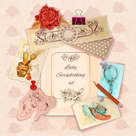 Ladies scrapbooking set with vintage woman fashion accessories sketch vector illustrationのイラスト素材