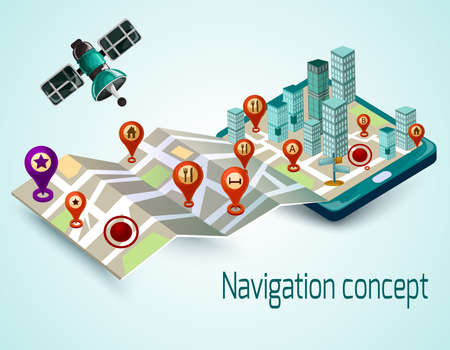 Navigation concept with cartoon mobile phone and isometric map with route markers vector illustrationのイラスト素材
