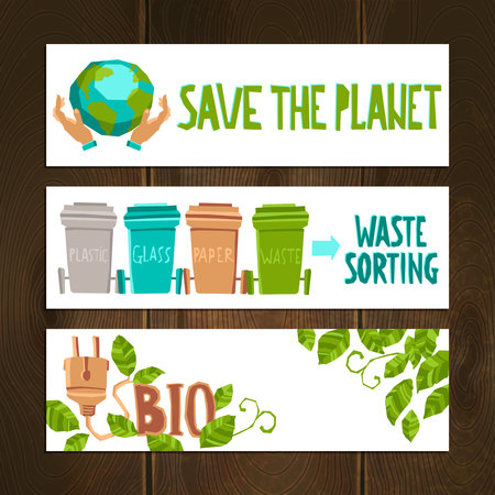Eco horizontal banners set with waste sorting elements isolated vector illustrationのイラスト素材
