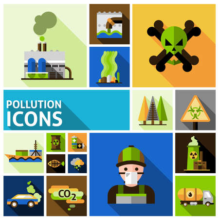 Pollution and environment toxic damage flat decorative icons set isolated vector illustrationのイラスト素材