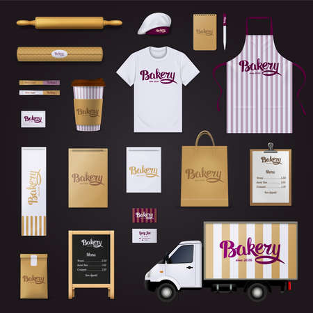 Deliciously creative bakery pastry shop visual corporate identity stripes design template basic items collection black background vector illustrationのイラスト素材